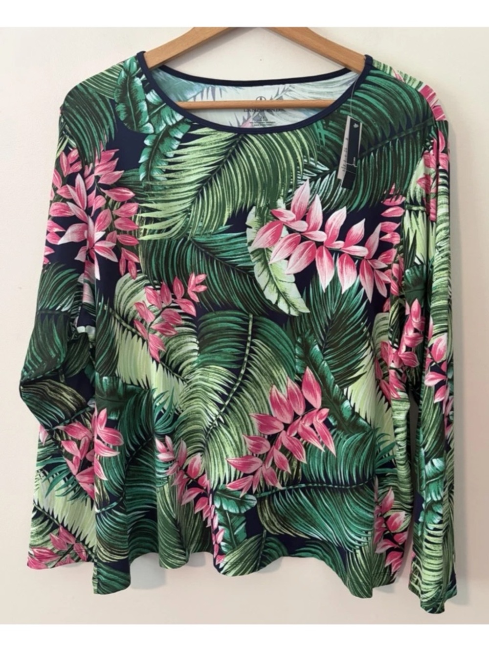 Lands' End Women's 2X Swim Tee Rash Guard Deep Sea Palms Long Sleeve UPF 50 NWT